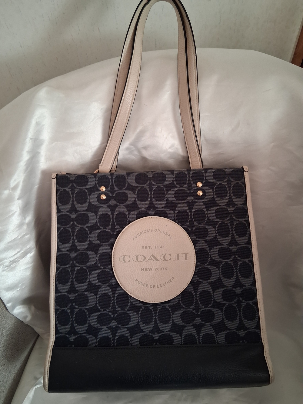 Coach Dempsey Signature Canvas Tote Bag in Blue and Cream